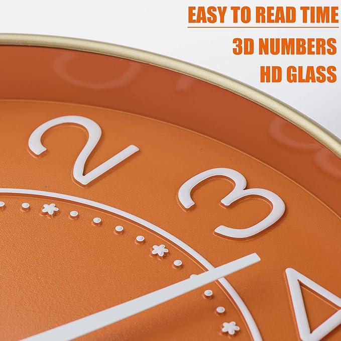 HZDHCLH Small Wall Clocks Battery Operated,Quartz Movement,Silent Non Ticking Modern Wall Clock for Living Room Bedroom Kitchen Office School Classroom Decor(10 inch,Orange & Gold)