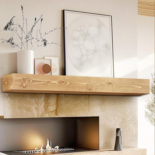 60" Fireplace Mantel, 5'' Thick Handmade Hollow Solid Wood Wall Long Floating Shelf with Invisible Wood Brackets, Wood Color