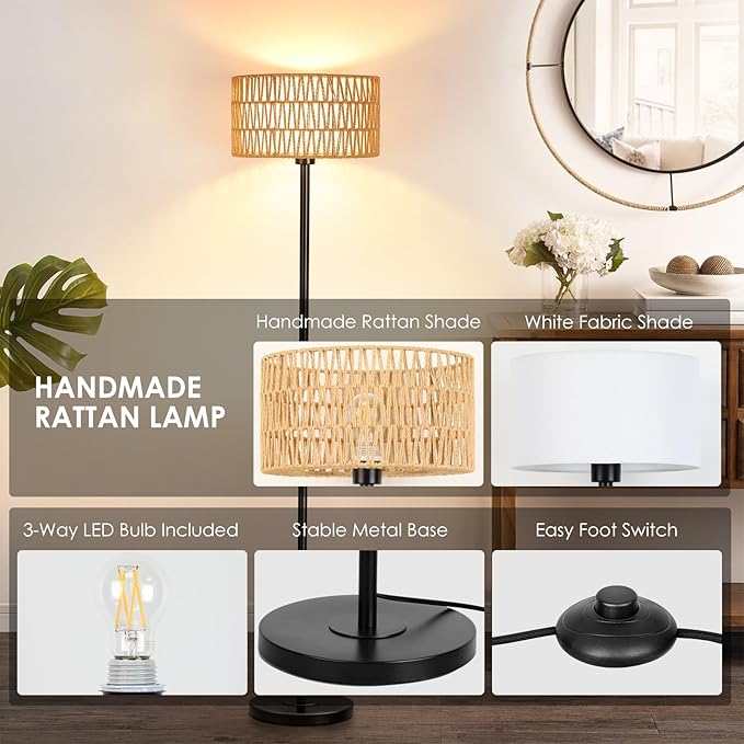 Rattan Boho Floor Lamp with Black Metal Base and LED Bulb - Double Shades, Farmhouse Rustic Design for Living Room, Bedroom, Office