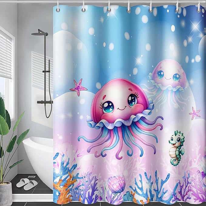 AILONEN Jellyfish Shower Curtain, Cute Jellyfish Starfish Seahorse Coral Pink Bath Curtain,Ocean Theme Shower Curtain 72" W*72" H Polyester Waterproof Bathroom Curtain with 12 Hooks