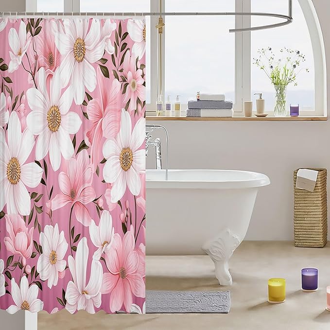 Feelyou Flower Fabric Shower Curtain for Kids Boys Girls Pink Floral Bathroom Waterproof Accessories with 12 Hooks Flower Botanical Shower Curtain Nature Plants Curtains,72x72 Inches