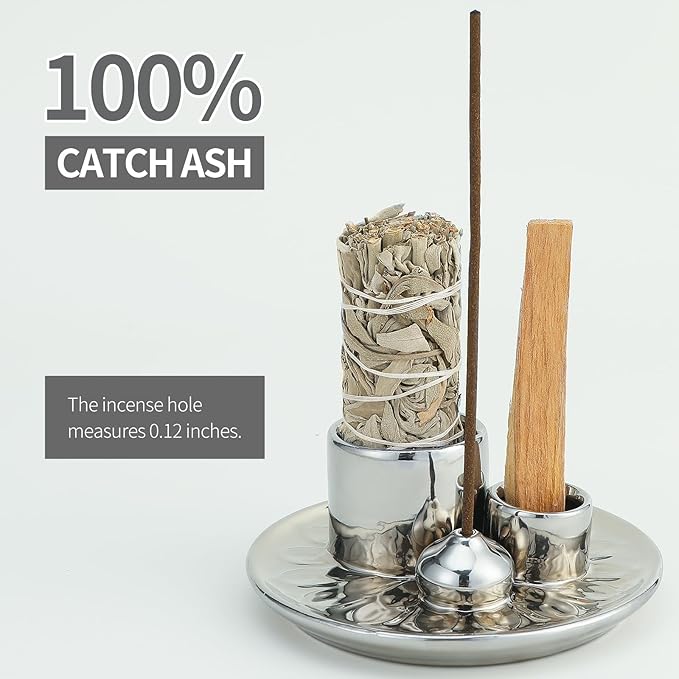 Palo Santo Sticks Holder, Multi-Purpose Handmade Ceramic Incense Burner for Palo Santo Incense Sticks, Sage Holder for Burning, Ash Catcher Tray for Meditation Yoga Room (Sliver)