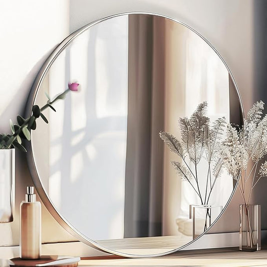 Silver Round Mirror 30 inch, Round Bathroom Mirror, Silver Circle Mirrors with Aluminum Frame, Circle Wall Mirrors for Bathroom, Living Room, Hallway, Bedroom.