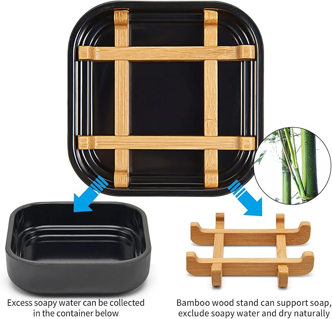 Bamboo Soap Dishes for Bar Soap Holders for Shower for Bathroom Sink Bulk Small Wooden Soap Tray Jabonera Pretty Neat Ventilated Soap Dish Disj Disk, Detachable (Single Rounded Black)