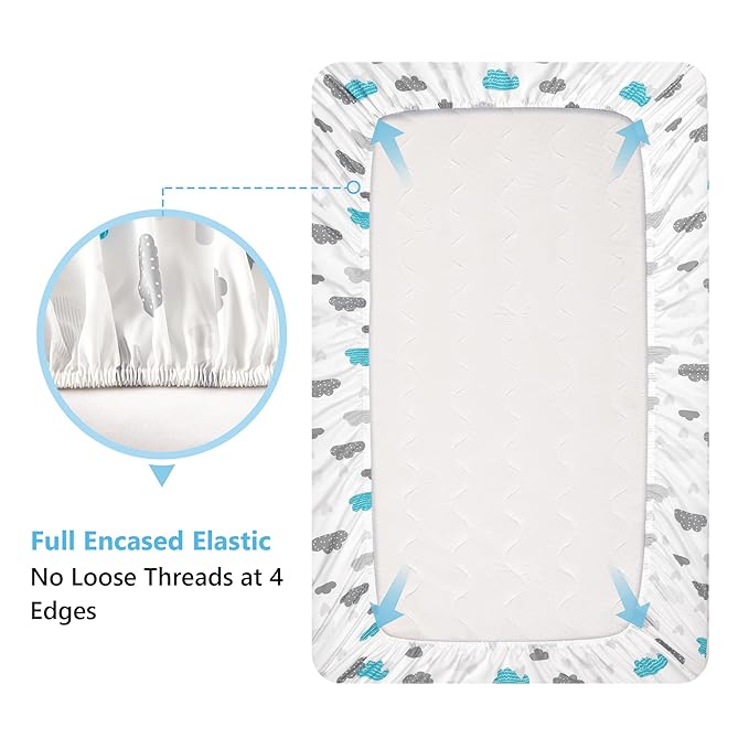 TILLYOU Baby Crib Sheets for Boys Girls, Fitted Crib Sheet 2 Pack for Standard Crib and Toddler Mattresses, Super Soft Toddler Bed Sheets, 28"x52"x8", Blue Clouds & Blue Stars