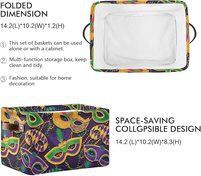 Mardi Gras Accessories Mask Beads Confetti Feather Storage Basket Fabric Laundry Baskets Fleur de Lis Purple Gold Green Storage Boxes Organizer Bag Cloth Toy Book Storage Cubes Shelf Bins 16×12×8