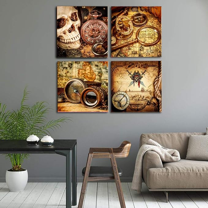 The pirates 4pcs Modern Salon Theme and Adventure map Abstract Painting Still Life Canvas Wall Art for Home Decor Compass and magnifying glass Canvas Print Wall Art Painting For Living Room Decor