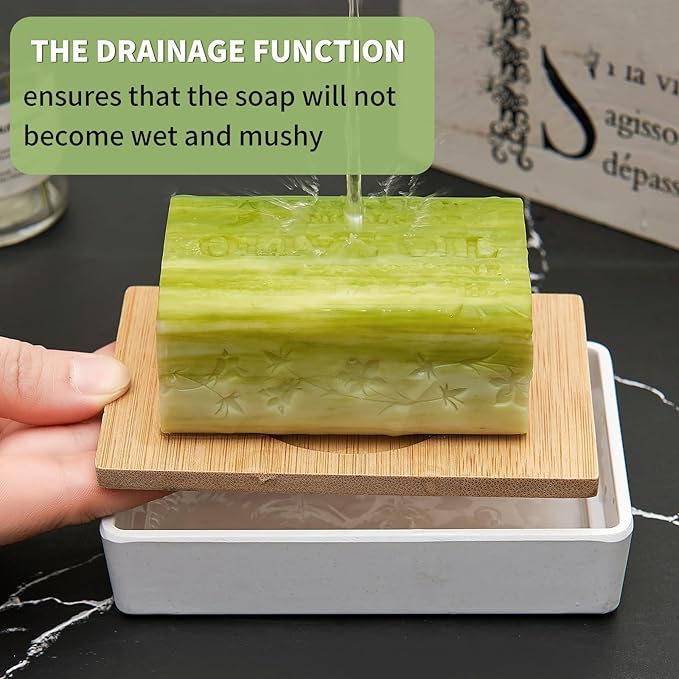 Bamboo Soap Dishes for Shower Wooden Soap Bar Holder for Bathroom Soap Tray Easy to Clean, Durable and with Non-Slip Pads(Single White Smiley face)