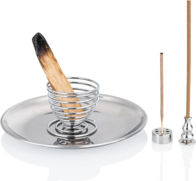 ZenBless 5 in 1 Incense Burner Holder, Palo Santo Holder, Sage Holder,Incense Sticks/Coil/Cones, 5.5 inches Brass Ash Catcher for Meditation Yoga Room(Silver)