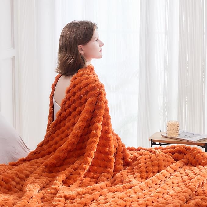 NEWCOSPLAY Super Soft Fall Queen Blanket Orange Premium Silky Flannel Fleece 3D Clouds Stylish Jacquard Lightweight Bed Blanket All Season Use 350GSM (Orange, Queen(90"x90"))