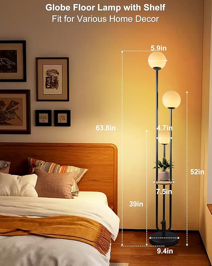 63IN Dimmable Floor Lamp with Shelf, Unique Globe Black Tall Standing Lamps with 3 Poles, 3000K Warmwhite Mid Century Modern Floor Lamp for Living Room Home Office(Bulbs Included)
