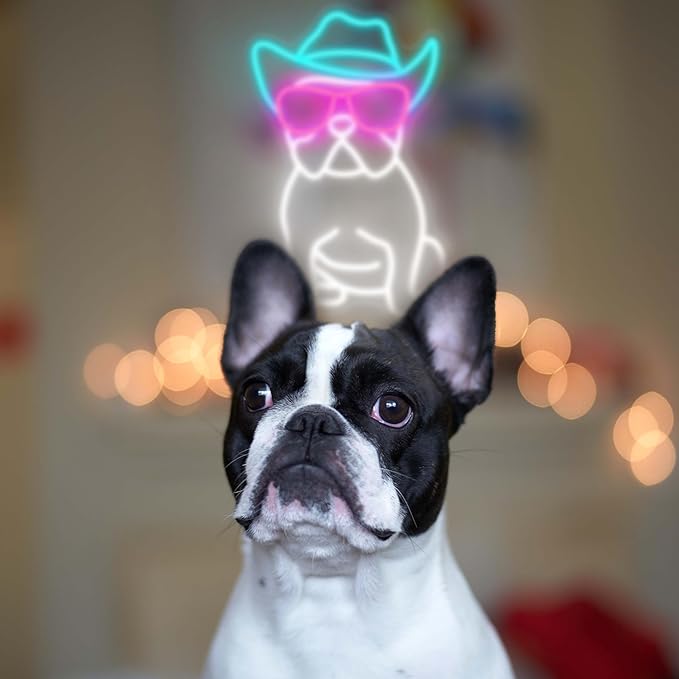 Cowboy French Bulldog Neon Sign for Wall Decor Cowboy Frenchie Wearing Glasses LED Neon Lights French Bulldog Decor Accessories Frenchie Decor French Bulldog Gifts (Cowboy),10.6x15.2 inches.