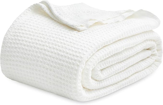 Bedsure 100% Cotton Blanket King Size for Bed - Breathable and Soft, Waffle Weave Blanket for Summer Spring, White, 104x90 inches