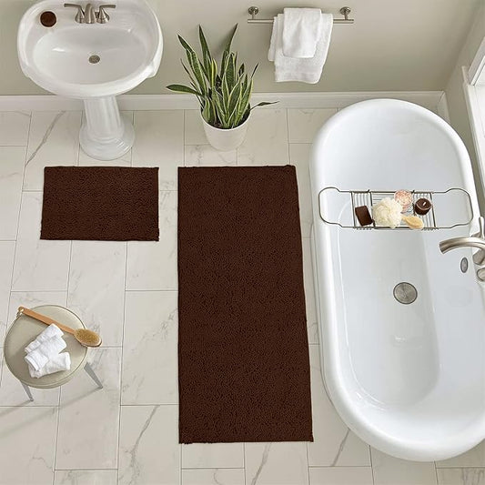 LuxUrux 2-Piece Bathroom Rug Set – Ultra-Plush Chenille Mats, Includes Runner Rug, Soft, Absorbent, Non-Slip & Stylish (27x47 & 16x24 inches, Brown)