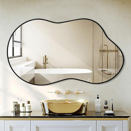 Bathroom Mirror - Black Irregular Wall Mirrors Decorative 26"x46" Asymmetrical Tempered Glass Aviation Aluminum Alloy Frame for Vanity, Bedroom, Living Room, Cloakroom, Entryway