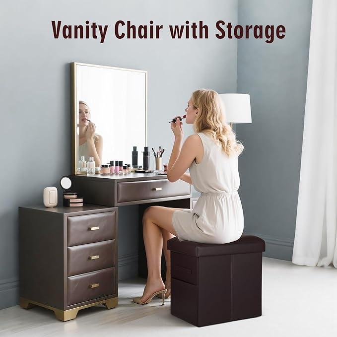 Storage Ottoman, Slim Tall Foot Stool with Thicker Foam Padded Seat. Folding Leather Foot Rest Furniture with Handles & Side Pocket. Ottoman with Storage for Living Room 350 lbs, 17x13x17in, Brown