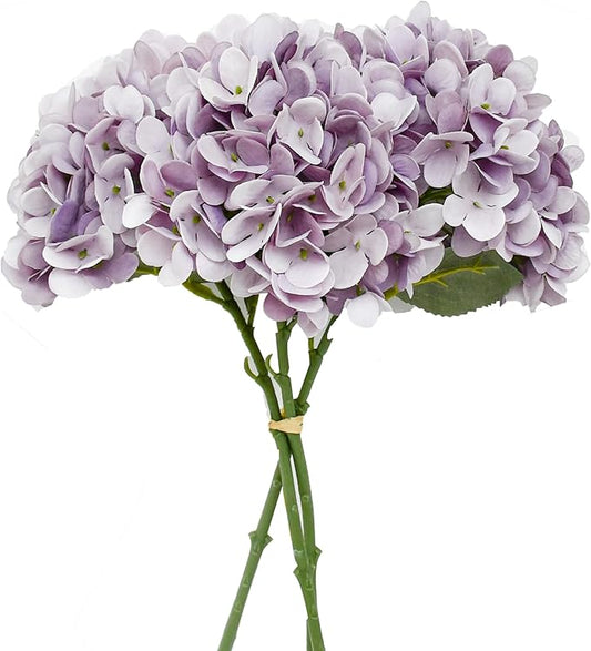 Mandy's 3 Stems Light Purple Artificial Hydrangea Flowers – 13.7” Realistic Silk Bouquet for Centerpieces, Wedding & Home Decor