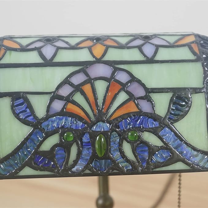Tiffany Style Bankers Table Lamp Stained Glass Piano Desk Lamp Vintage Bedroom Bedside Lamp for Study,Antique Alloy Base,Zipper Switch,Green Baroque b