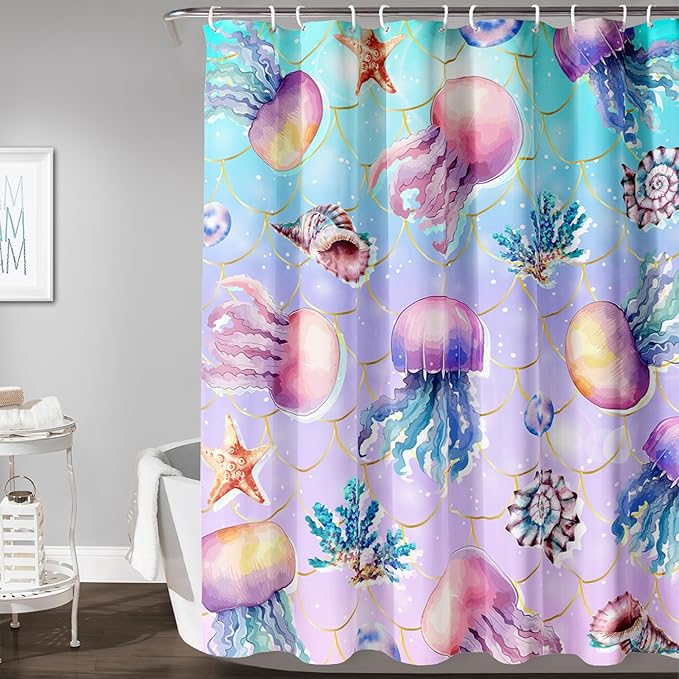 AILONEN Ocean Jellyfish Shower Curtain for Bathroom, Cute Jellyfish Mermaid Printed Bathroom Curtain,Girls Women Kids Coral Bath Curtain 72"W*78"H Polyester Waterproof Bathroom Curtain With 12 Hooks