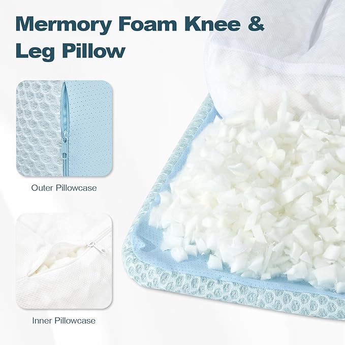 Cooling Memory Foam Knee Pillow for Side Sleepers, Between Legs Pillow, Soothing Relief for Sciatica Back HIPS Knees Joints, with Inner Pillowcase and Extra Foam Filler, Blue