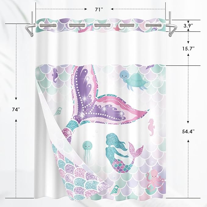 Pink Mermaid Tail Glitter No Hook Shower Curtain with Snap in Liner, Coral Starfish Turtle Bath Curtain with Double Layers Waterproof Fabric and Mesh Top Window 71x74 Inch