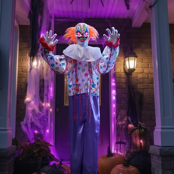 JOYIN 65" Halloween Hanging Clown Decoration Outdoor, Neon Face LED Talking with Light-up Eyes and Creepy Sound Haunted House Decor, for Lawn, Yard, Patio
