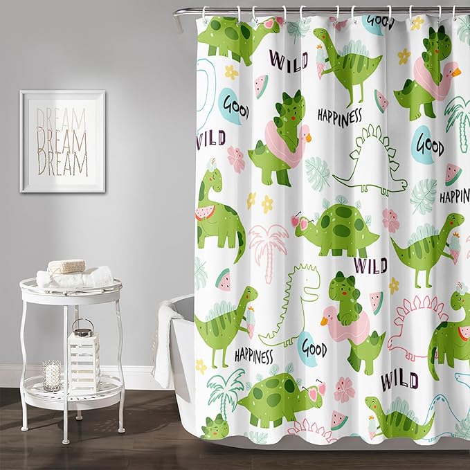 AILONEN Dinosaur Shower Curtain for Boys, Cute Green Kids Bath Curtain 36" W*72" H,Tropical Leaves Funny Dinosaur Curtain with 12 Plastic Hooks
