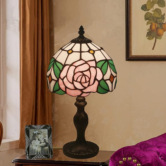 8" Tiffany Style Pink Rose Lamp,Tiffany Style Table Lamp for Girl Bedroom Bedside Lamps,Stained Glass Lamp,Lover Girlfriend Gift