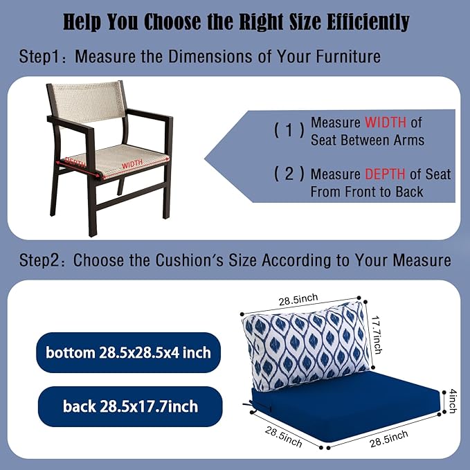 idee-home Outdoor Cushions for Patio Furniture, Outdoor Seat Cushion, Waterproof Hampton Bay Deep Seat Replacement Couch Chair Cushions for Garden Lawn Backyard Deck, 28.5 x 28.5 Navy Blue Pattern