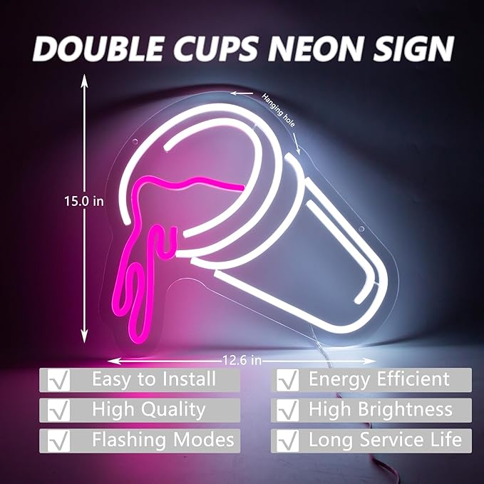 Moodion Double Cups Neon Sign for Wall Decor, Dimmable Pink Neon LED Lights Signs for Bar Man Cave, Neon Light Up Signs for Bedroom Pub Bar Accessories Decorations Aesthetic, Birthday Neon Sign Gifts