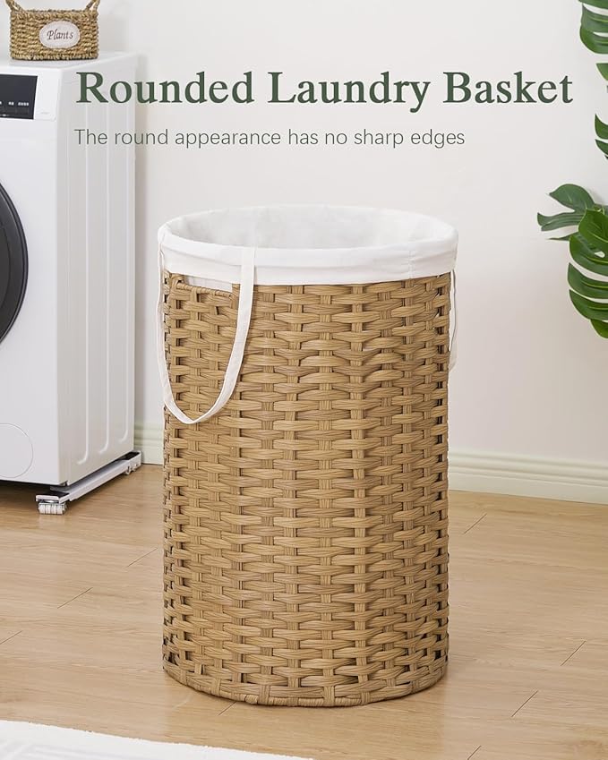 Large Laundry Hamper Laundry Basket Round 34.3 Gal (130 L) Handwoven Wicker Laundry Baskets Rattan Laundry Basket with Removable Bag Handles 2 Mesh Bags for Living Room Bedroom Natural