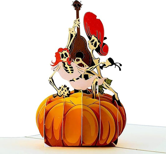 iGifts And Cards Day of the Dead Pop-Up Card – 3D Música de Calacas on Pumpkin – 6" × 8" Laser-Cut Greeting for Día de los Muertos, Remembrance & Celebration