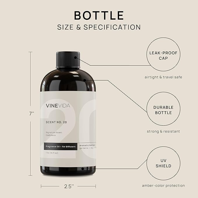 VINEVIDA [16 Fl Oz] Cashmere Fragrance Oil for Cold Air Diffusers, Essential Oils for Diffuser Oil Refill & Air Freshener Room Spray