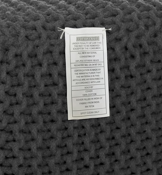 COTTON CRAFT Braided Cube Pouf - Hand Knitted Cotton Cord Cable Dori Ottoman - Foot Stool - Floor Pouf - Footrest - Portable Lightweight Accent Seat - Living Room Bedroom Dorm - 15 x 15 Square - Grey