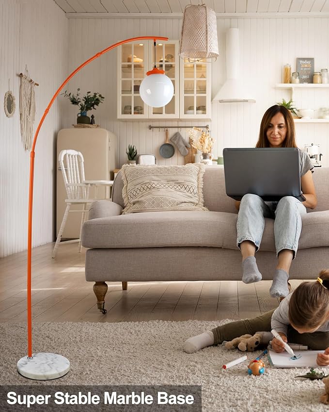 Lightdot Arc Floor Lamp for Living Room, 76Inch Tall Standing Lamp with Marble Base and Globe Bulbs Included, 3000K Warmwhite Modern Mid Century Floor Lamp for Bedroom & Home Office-Orange