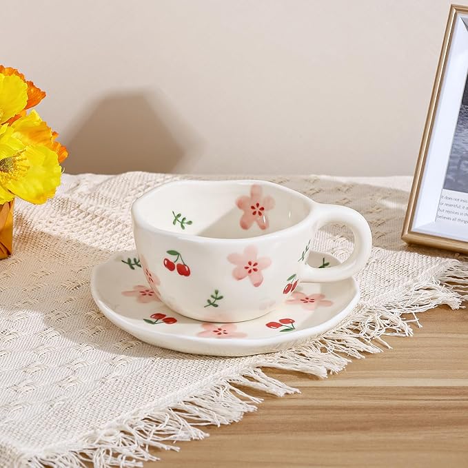 Koythin Ceramic Coffee Mug with Saucers, Handmade Flowers Mugs, Cute Cup for Girl Women, Aesthetic Tea Milk Cup with Handle, 8.5 oz/250 ml for Latte, Cocoa, Office, Home (Pink Cherry Flowers)