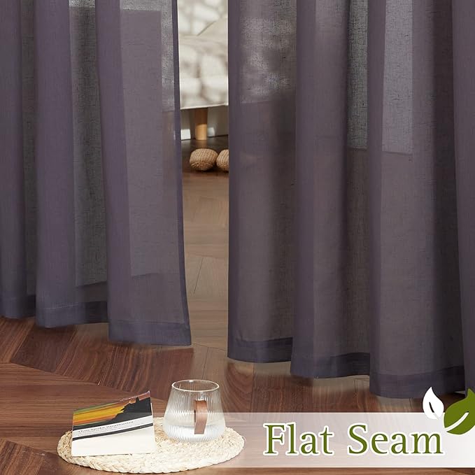 NICETOWN Flax Linen Sheer Curtains for Patio Sliding Door, Grommet Semi Sheer Linen Blend Curtains Privacy Drapes with Light Filter for Villa/Cottage, W70 x L84, Purple Brown, 1 Pair