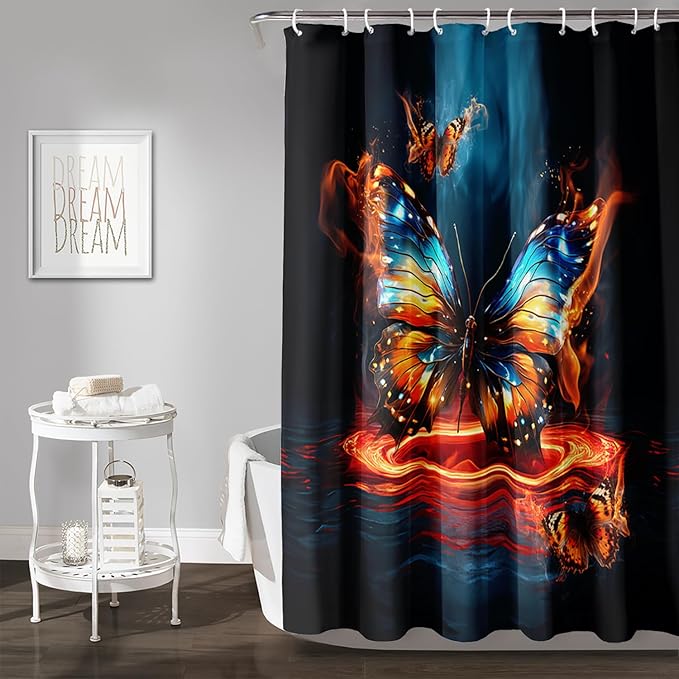 AILONEN 3D Butterfly Shower Curtain,Fire and Ocean Butterfly Bath Curtain 72" W*84" H,Modern Abstract Art Butterfly Print Waterproof Bathroom Curtain with 12 Plastic Hooks for Girls Women