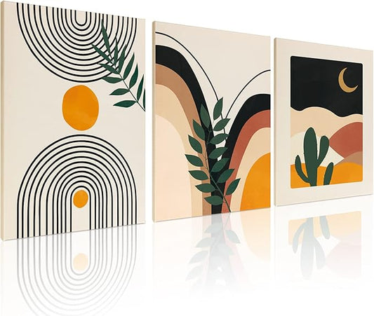 puthiac Boho Wall Art Posters - Set of 3 Framed Canvas Minimalist Neutral Abstract Artwork Modern Boho Home Wall Decor for Office Living Room Bedroom Bathroom Home Decor