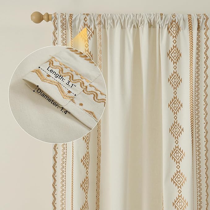 ColorBird Boho Curtains Embroidered Gold Vintage Light Filtering Rod Pockets Curtain 63 inch Length 2 Panels Set Drapes for Living Room Bedroom
