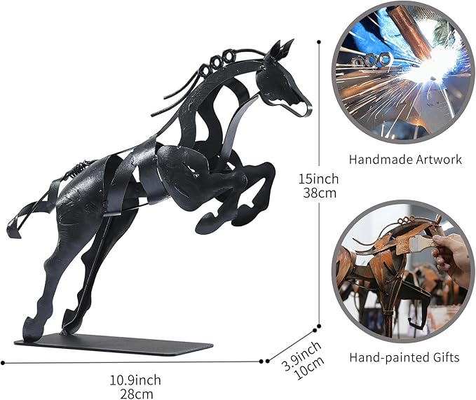 Horse Statue, Unique Metal Art Handmade Sculpture for Home Decor, Rustic Decor, Gifts for Horse Lovers (Black)