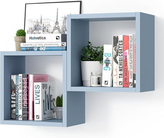 Kaboon Cube Floating Shelves Set2, Display Shelves Wall Mount 7.75" D x 12.5" W x 12.5" H, (Greylish Blue, Square 2 Cubes)