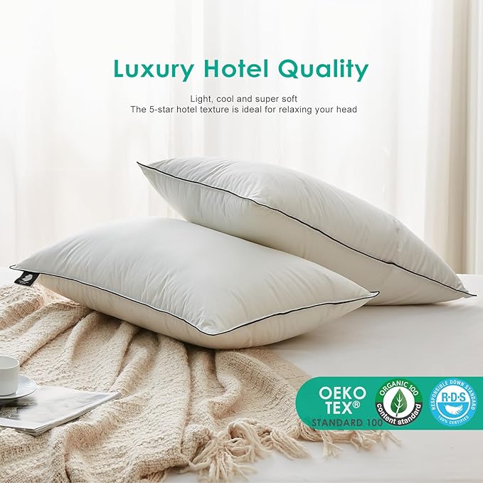 APSMILE Deep Sleep Feather Pillows Standard Size Set of 2, Hotel Collection AirF™ Goose Down Pillow Inserts with Organic Cotton Cover, Soft Bed Pillows for Sleeping (White, 20"x26")