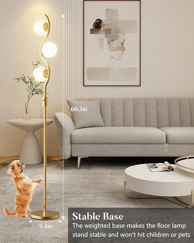 60IN Dimmable Gold Standing Lamps, Ice Crystal Modern Floor Lamp with 3000K G9 Bulbs Included, Mid Century Vintage Globe Floor Lamp