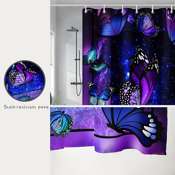 AILONEN Butterfly Shower Curtain for Bathroom Mystic Purple Galaxy Starry Decor Bath Curtain 48" W*72" H Polyester Fabric Waterproof Bathroom Curtain with 12 Hooks