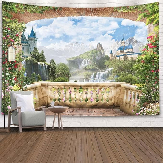 EMMTEEY Waterfall Tapestry Colorful Tapestry View from Balcony of Waterfalls with Castles Dorm Tapestry 60X40 Wall Tapestry Nature Present for Families