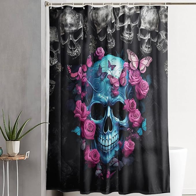 AILONEN 3D Skull Shower Curtain,Oil Ren Rose with Skeleton Design Shower Curtain Set with Hooks for Boys Girls Teens,Gothic Skull Waterproof Fabric Shower Curtain for Bathroom,72" W*84" H