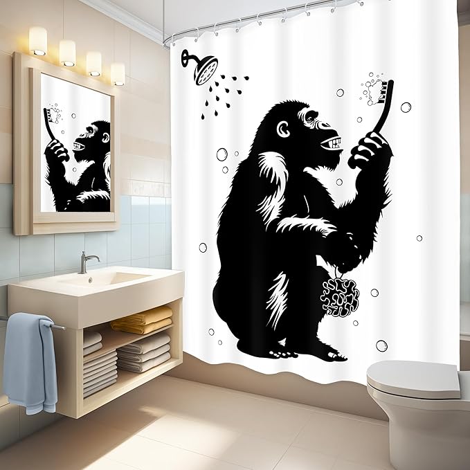 LGhtyro Funny Monkey Shower Curtain Bathroom Set 60Wx71H Inches Black White Animal Chimpanzee Bathing Wildlife Hilarious Modern Cool Bath Accessories for Boys Men Art Home Decor Fabric 12 Pack Hooks