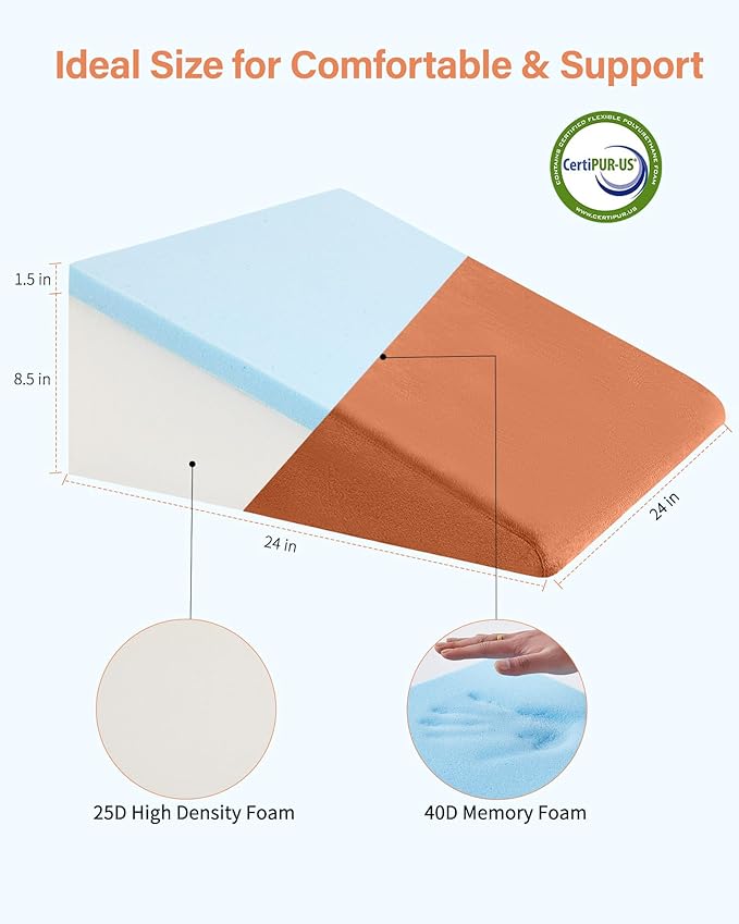 Wedge Pillow for Sleeping, 12 Inch Bed Wedge Pillow for After Surgery, Acid Reflux, Memory Foam Top Triangle Pillow Wedge for Head, Back, Leg with Machine Washable Cover-Camel