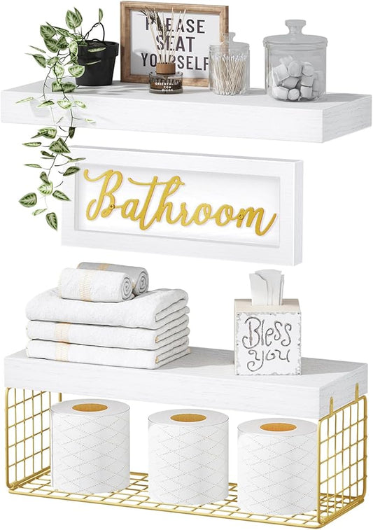 QEEIG ‎Bathroom Shelves Over Toilet - Paper Storage Wall Mounted Farmhouse Decor Decorations Aesthetic Décor Sign Small Floating Shelf 2+1 Set 16 inch, White and Gold (020WG)